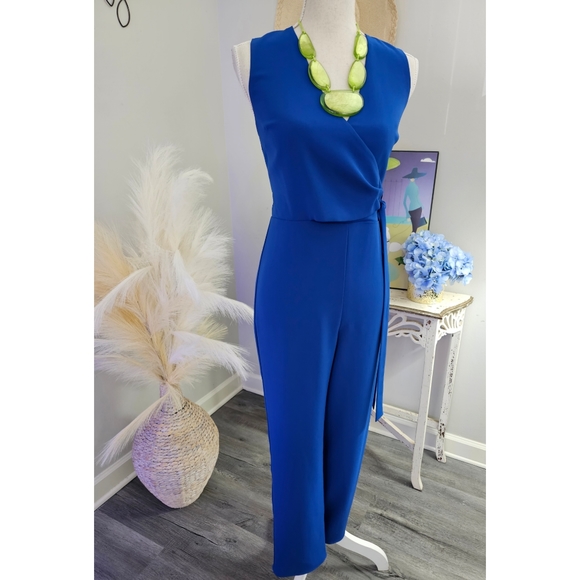 Lavender Brown Sapphire Blue  Sleeveless V-Neck Tie Waist  Jumpsuit - Picture 2 of 9